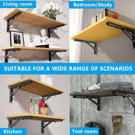 2 Pack 12 Inch Folding Shelf Brackets,  Heavy Duty Metal Wall Mounted Triangle Table Bench Max Load 220lb Collapsible Shelf Hinge with Screws for DIY Bracket, Work Table & Bench.