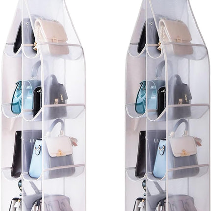 Hanging Handbag Purse Organizer,  2 Pack Transparent Hanging Closet Organizer with 8 Pockets, Washable Dust Proof Nylon Storage Bag for Closet and Wardrobe.