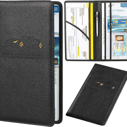 Car Registration and Insurance Holder - Leather Vehicle License Registration Holder for Car Document Card Glove Box Organizer,  Auto Truck Compartment Accessories for Essential Information,Black.