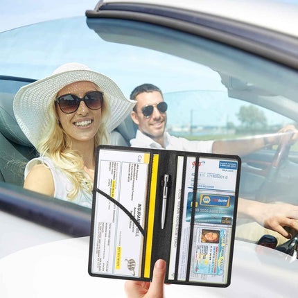 Car Registration and Insurance Holder - Leather Vehicle License Registration Holder for Car Document Card Glove Box Organizer,  Auto Truck Compartment Accessories for Essential Information,Black.