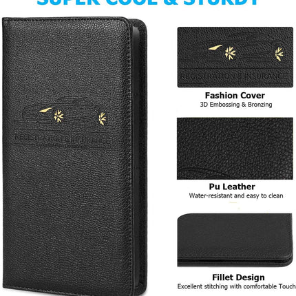 Car Registration and Insurance Holder - Leather Vehicle License Registration Holder for Car Document Card Glove Box Organizer,  Auto Truck Compartment Accessories for Essential Information,Black.