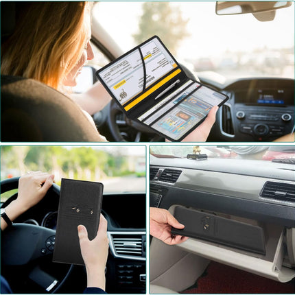 Car Registration and Insurance Holder - Leather Vehicle License Registration Holder for Car Document Card Glove Box Organizer,  Auto Truck Compartment Accessories for Essential Information,Black.