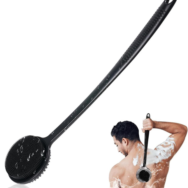 Silicone Back Scrubber for Shower, 17in Lengthen Long Handle Body Brush, Double Sided Shower Brush for Shower Exfoliating and Massage Can Produce Rich Foam, Long Handle Back Scrubber for Men and Women (Carbon black).