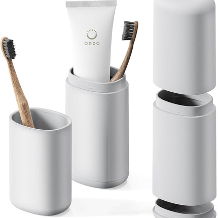 Travel Toothbrush Case, Portable Tooth Brush Holder and Toothpaste Cover Container with Mouthwash Cup, Compact Oral Clean Tools Organizer for Traveling/Camping/School/Home (Grey).