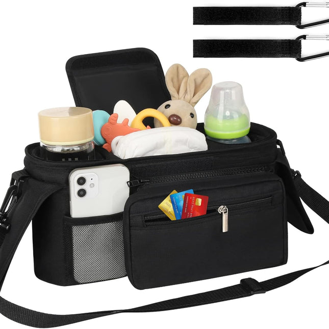 Universal Stroller Organizer with Insulated Cup Holder Detachable Phone Bag and Shoulder Strap,Stroller Bag Caddy Organizer Accessories Fits for Uppababy, Baby Jogger, Britax Strollers.