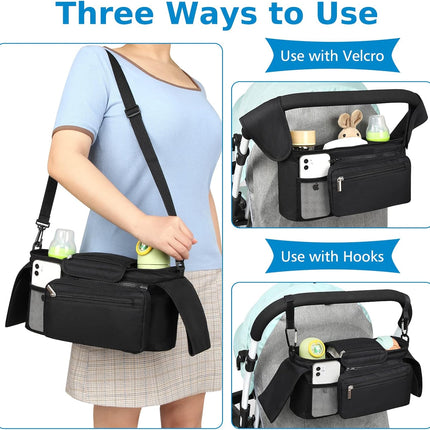 Universal Stroller Organizer with Insulated Cup Holder Detachable Phone Bag and Shoulder Strap,Stroller Bag Caddy Organizer Accessories Fits for Uppababy, Baby Jogger, Britax Strollers.