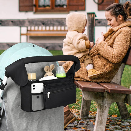 Universal Stroller Organizer with Insulated Cup Holder Detachable Phone Bag and Shoulder Strap,Stroller Bag Caddy Organizer Accessories Fits for Uppababy, Baby Jogger, Britax Strollers.