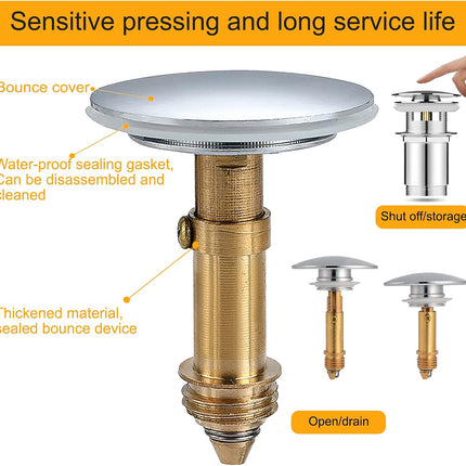 Pop-Up Click Clack Plug,66 mm Bathroom Basin Sink Button Drain,Suitable for Kitchen Bathroom Washbasin, Solid Brass Chrome Platedplug.