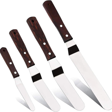 4PCS Offset Spatula Icing Spatula Set 4" 6" 8" 10" Professional Stainless Steel Cake Spatula Frosting Spatula Set with Wooden Handle (Angled).