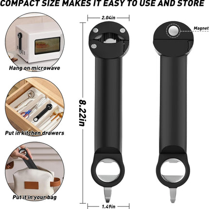 Jar Opener Bottle Opener for Seniors with Arthritis, Multi Retractable Magnetic Can Opener, Jar Grippers for Opening Jars, Kitchen Gadgets for Weak Hands and Senior Arthritis (Black).