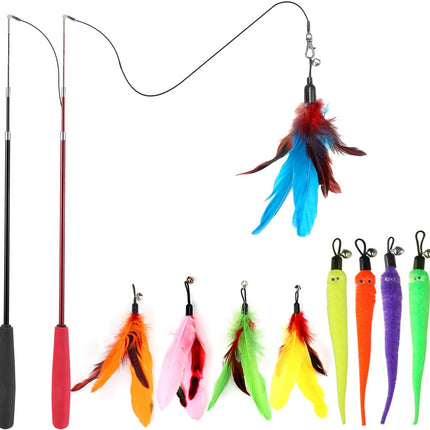 Huidcom Cat Feather Toy Retractable Cat Toys Wand with 2 Wands & 9 Assorted Teaser Refills Interactive Feather Teaser Wand Toy with Bell for Kitten Or Cat Having Fun Exerciser Playing.