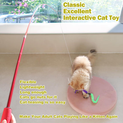 Huidcom Cat Feather Toy Retractable Cat Toys Wand with 2 Wands & 9 Assorted Teaser Refills Interactive Feather Teaser Wand Toy with Bell for Kitten Or Cat Having Fun Exerciser Playing.