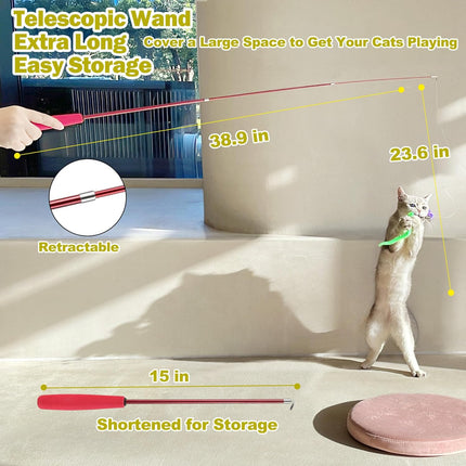Huidcom Cat Feather Toy Retractable Cat Toys Wand with 2 Wands & 9 Assorted Teaser Refills Interactive Feather Teaser Wand Toy with Bell for Kitten Or Cat Having Fun Exerciser Playing.