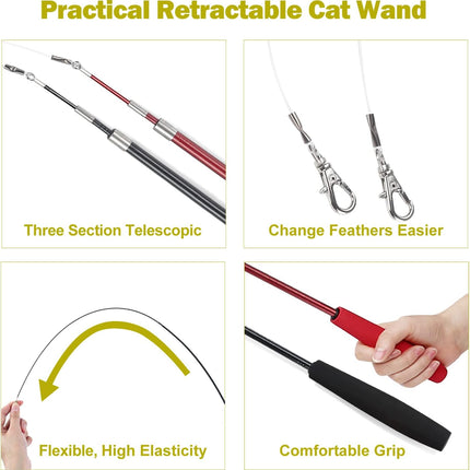 Huidcom Cat Feather Toy Retractable Cat Toys Wand with 2 Wands & 9 Assorted Teaser Refills Interactive Feather Teaser Wand Toy with Bell for Kitten Or Cat Having Fun Exerciser Playing.