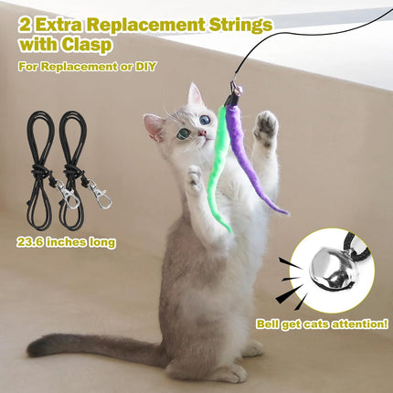 Huidcom Cat Feather Toy Retractable Cat Toys Wand with 2 Wands & 9 Assorted Teaser Refills Interactive Feather Teaser Wand Toy with Bell for Kitten Or Cat Having Fun Exerciser Playing.
