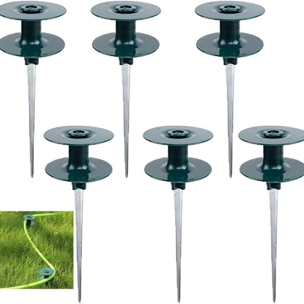 6 Pack Hose Guard Stake, 10 Inch Green ABS & Zinc Alloy Garden Hose Guide Spike with Heavy Spin Top, Protects Plants & Landscaping.