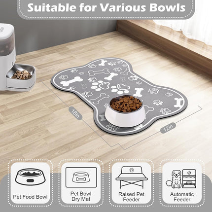 Dog Cat Food Mat,Rapid AbsorbentPet Feeding Mat, Bone Shaped Dog Placemat Water Bowl Mat with Rubber Backing,No Stains Dog Cat Food Mats Indoor, Pet Accessories Supplies 12"x18" Grey.