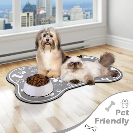 Dog Cat Food Mat,Rapid AbsorbentPet Feeding Mat, Bone Shaped Dog Placemat Water Bowl Mat with Rubber Backing,No Stains Dog Cat Food Mats Indoor, Pet Accessories Supplies 12"x18" Grey.