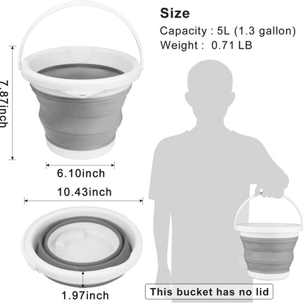 Collapsible Silicone 5L (1.3 Gallon) Cleaning Bucket - Household, Bathroom, Car Wash, Ice Bucket - Grey.