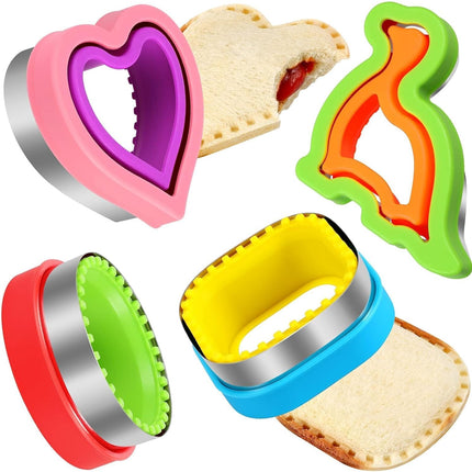 Sandwich Cutter and Sealer Set 4 Pcs Bread Decruster Sandwich Cutter Pancake Maker Heart Square Circle Dinosaur Shape DIY Cookie Cutters Gift for Kids Adult Boys Girls.