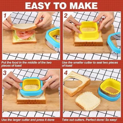 Sandwich Cutter and Sealer Set 4 Pcs Bread Decruster Sandwich Cutter Pancake Maker Heart Square Circle Dinosaur Shape DIY Cookie Cutters Gift for Kids Adult Boys Girls.