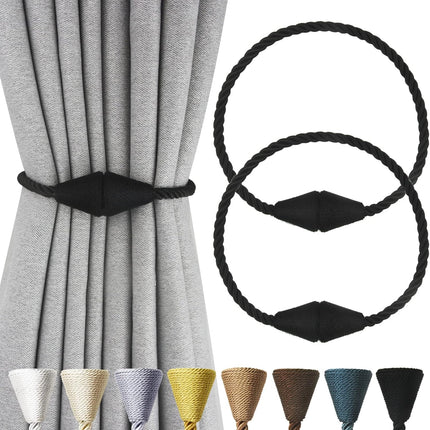 2 Pack Magnetic Curtain Tiebacks Rope Modern Handmade Curtain Tie Backs Decorative Drapes Weave Holdbacks for Window Décor, Black.