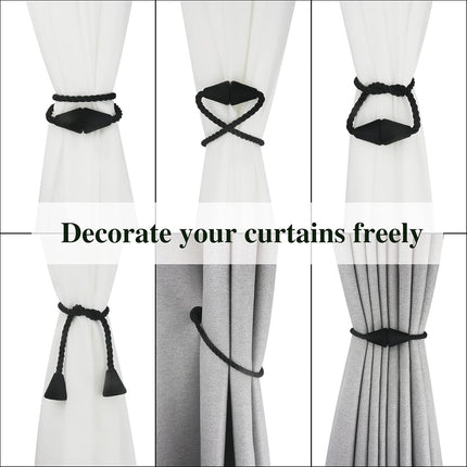 2 Pack Magnetic Curtain Tiebacks Rope Modern Handmade Curtain Tie Backs Decorative Drapes Weave Holdbacks for Window Décor, Black.