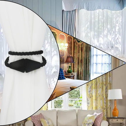 2 Pack Magnetic Curtain Tiebacks Rope Modern Handmade Curtain Tie Backs Decorative Drapes Weave Holdbacks for Window Décor, Black.