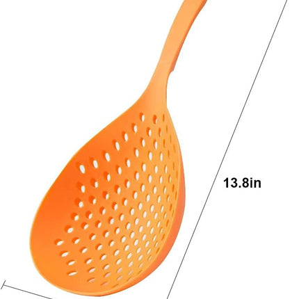 2 Pieces Strainer Scoop Colander Slotted Pasta Spoon Plastic Skimmer Spoon with Handle Food Drain Shovel for Kitchen Cooking, White and Orange 13.8x5.4.