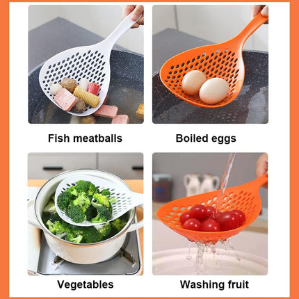 2 Pieces Strainer Scoop Colander Slotted Pasta Spoon Plastic Skimmer Spoon with Handle Food Drain Shovel for Kitchen Cooking, White and Orange 13.8x5.4.