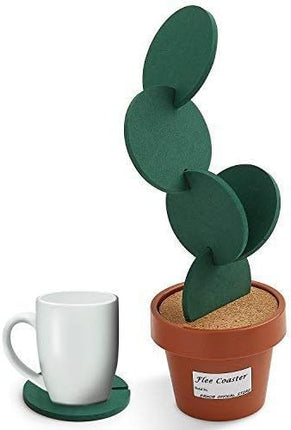 Flee 6-Piece Green Coaster Set with Flower Pot Shaped Holder for Drinks,Coffee,Cup.