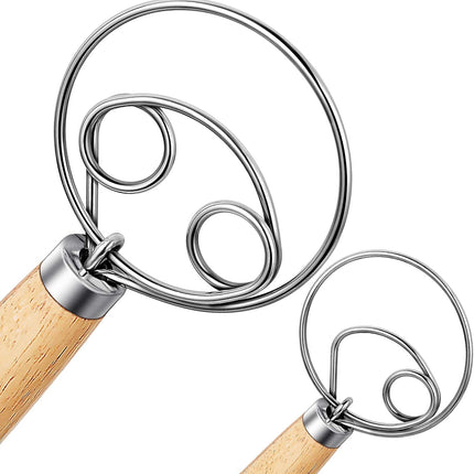 Danish Dough Whisk 2Pcs, Dutch Bread Whisk Hook, 13 Inch Premium Pastry Whisks, Wooden Hand Mixer, Stainless Steel Sourdough Baking Tools for Bread, Batter, Cake and More.