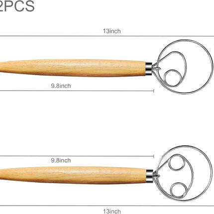 Danish Dough Whisk 2Pcs, Dutch Bread Whisk Hook, 13 Inch Premium Pastry Whisks, Wooden Hand Mixer, Stainless Steel Sourdough Baking Tools for Bread, Batter, Cake and More.