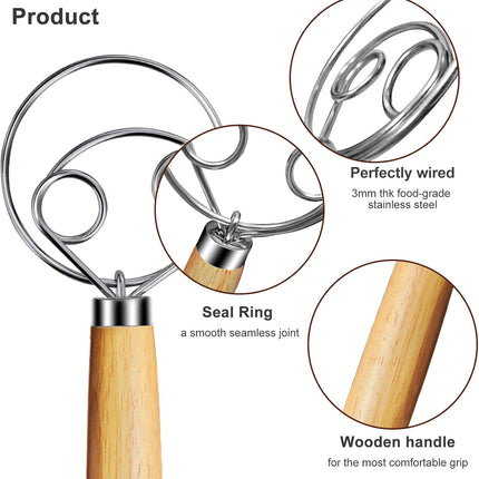 Danish Dough Whisk 2Pcs, Dutch Bread Whisk Hook, 13 Inch Premium Pastry Whisks, Wooden Hand Mixer, Stainless Steel Sourdough Baking Tools for Bread, Batter, Cake and More.