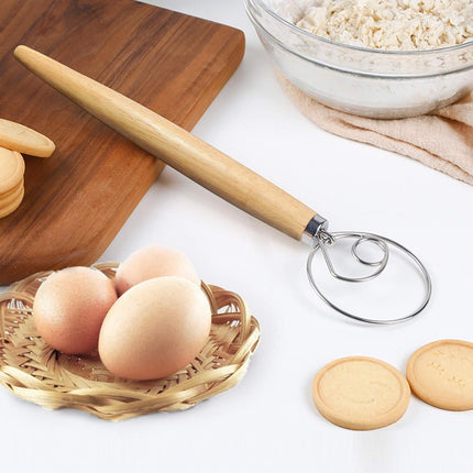 Danish Dough Whisk 2Pcs, Dutch Bread Whisk Hook, 13 Inch Premium Pastry Whisks, Wooden Hand Mixer, Stainless Steel Sourdough Baking Tools for Bread, Batter, Cake and More.