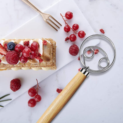 Danish Dough Whisk 2Pcs, Dutch Bread Whisk Hook, 13 Inch Premium Pastry Whisks, Wooden Hand Mixer, Stainless Steel Sourdough Baking Tools for Bread, Batter, Cake and More.