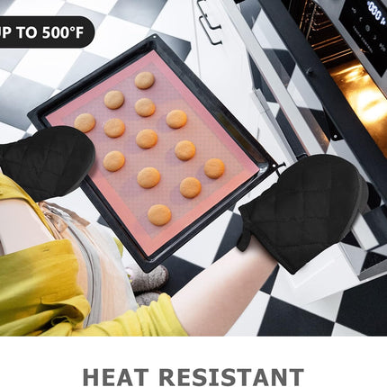 1 Pair Short Oven Mitts - Silicone Kitchen Oven Gloves High Heat Resistant 500℉, Mini Oven Mits with Non-Slip Grip Surfaces and Hanging Loop for BBQ, Baking, Cooking and Grilling (Black).