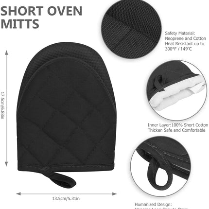 1 Pair Short Oven Mitts - Silicone Kitchen Oven Gloves High Heat Resistant 500℉, Mini Oven Mits with Non-Slip Grip Surfaces and Hanging Loop for BBQ, Baking, Cooking and Grilling (Black).