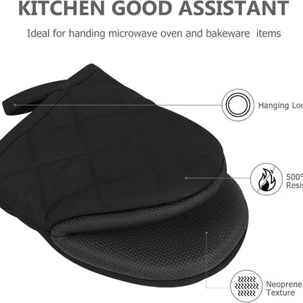 1 Pair Short Oven Mitts - Silicone Kitchen Oven Gloves High Heat Resistant 500℉, Mini Oven Mits with Non-Slip Grip Surfaces and Hanging Loop for BBQ, Baking, Cooking and Grilling (Black).