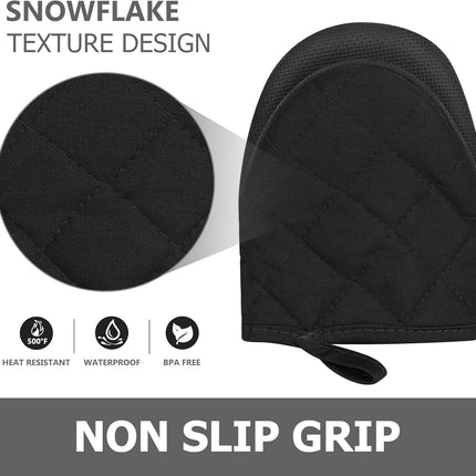 1 Pair Short Oven Mitts - Silicone Kitchen Oven Gloves High Heat Resistant 500℉, Mini Oven Mits with Non-Slip Grip Surfaces and Hanging Loop for BBQ, Baking, Cooking and Grilling (Black).