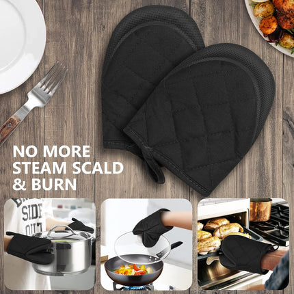 1 Pair Short Oven Mitts - Silicone Kitchen Oven Gloves High Heat Resistant 500℉, Mini Oven Mits with Non-Slip Grip Surfaces and Hanging Loop for BBQ, Baking, Cooking and Grilling (Black).