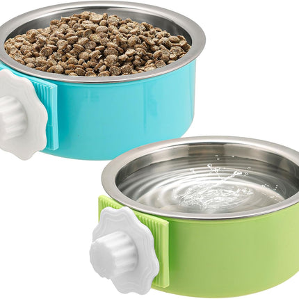 2 Pieces Crate Dog Bowl, Removable Stainless Steel Pet Kennel Hanging Food Water Feeder Bowl Cage Coop Cup for Puppy Medium Dog Cat Rabbit Ferret Bird.