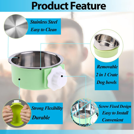 2 Pieces Crate Dog Bowl, Removable Stainless Steel Pet Kennel Hanging Food Water Feeder Bowl Cage Coop Cup for Puppy Medium Dog Cat Rabbit Ferret Bird.