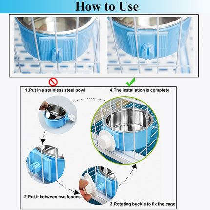2 Pieces Crate Dog Bowl, Removable Stainless Steel Pet Kennel Hanging Food Water Feeder Bowl Cage Coop Cup for Puppy Medium Dog Cat Rabbit Ferret Bird.