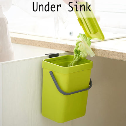 Small Plastic Trash Can, Hanging Small Trash Can with Lid Under Sink for Kitchen, Food Waste Bin for Countertop, Mountable Garbage Can for Bathroom, RV, 5L/1.3 Gal, Green.