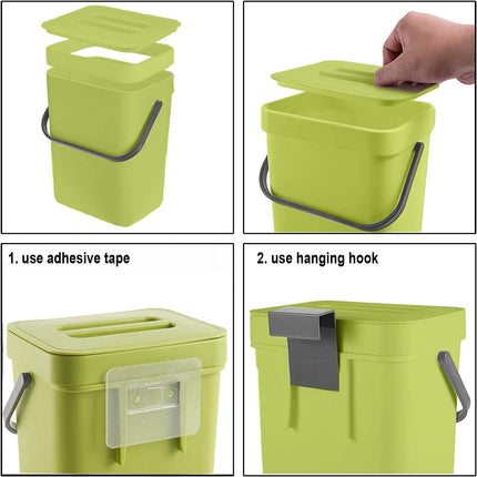 Small Plastic Trash Can, Hanging Small Trash Can with Lid Under Sink for Kitchen, Food Waste Bin for Countertop, Mountable Garbage Can for Bathroom, RV, 5L/1.3 Gal, Green.