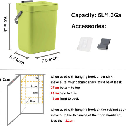 Small Plastic Trash Can, Hanging Small Trash Can with Lid Under Sink for Kitchen, Food Waste Bin for Countertop, Mountable Garbage Can for Bathroom, RV, 5L/1.3 Gal, Green.
