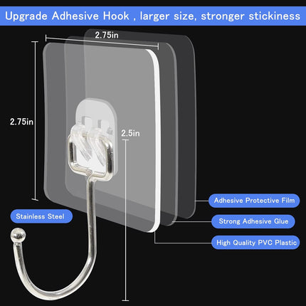 10 Packs Large Wall Hooks for Hanging Heavy Duty 33lb(Max), Waterproof Transparent Adhesive Wall Hooks Wall Hangers Without Nails Sticky Hooks for Bathroom Shower Kitchen Door Utility Hooks Hanger.