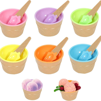 6 Pack Plastic Ice Cream Bowls with Spoons,Reusable Plastic ice Cream Cups,Cartoon Candy Colorice Cream Bowls Set for Sundae Frozen Yogurt Summer Holiday Parties.