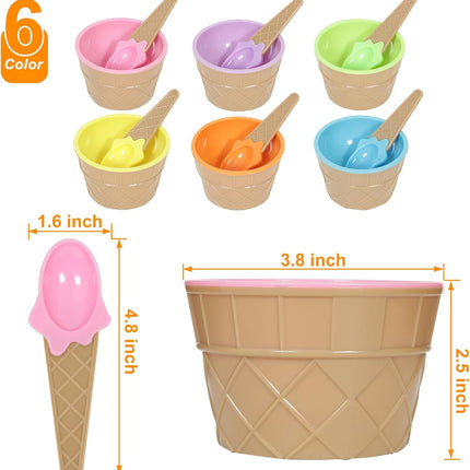 6 Pack Plastic Ice Cream Bowls with Spoons,Reusable Plastic ice Cream Cups,Cartoon Candy Colorice Cream Bowls Set for Sundae Frozen Yogurt Summer Holiday Parties.